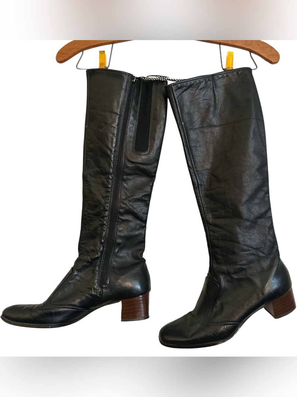 Vintage Cobbies 1970’s Women's Black Leather Knee-High Boots with Block Heel 7 N